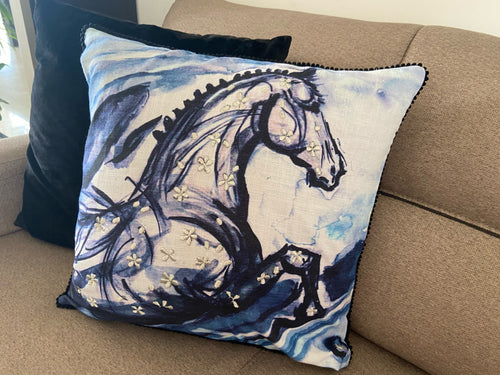 Vibhsa Blue Horse Embroidered Decorative Pillow 18x18, Cotton
