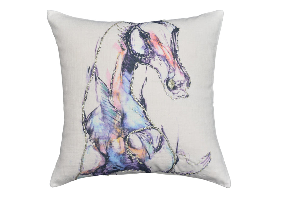 Vibhsa White Horse Print Embroidered Decorative Pillow 18x18