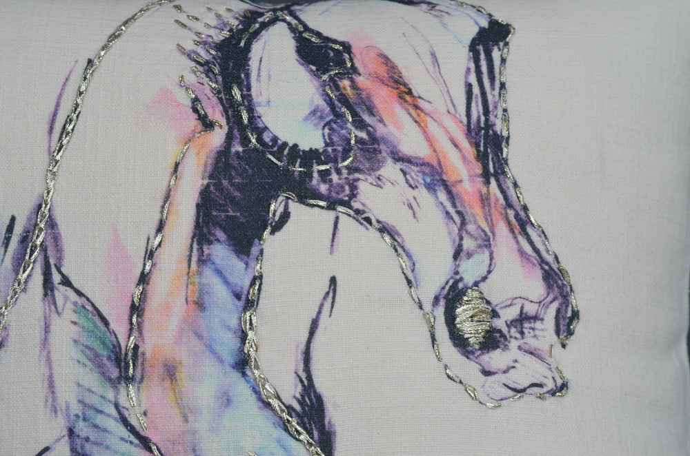 Vibhsa White Horse Print Embroidered Decorative Pillow 18x18
