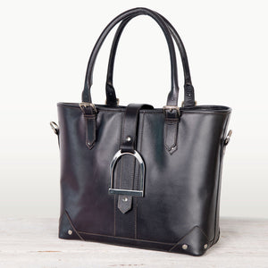 Signature - Riding Stirrup Tote Luxury Leather Handbag in Black