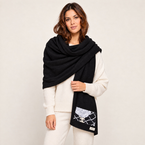 CC Camellia Noir Vintage Silk Scarf & Cashmere Shawl