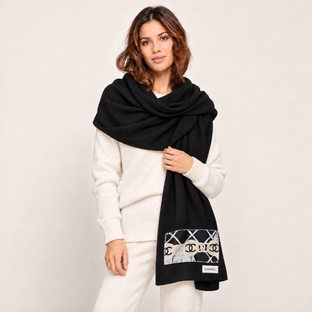 CC Camellia Noir Vintage Silk Scarf & Cashmere Shawl