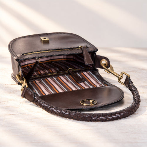 Coronado- Horse Bit Lock Luxury Leather Handbag in Deep Brown