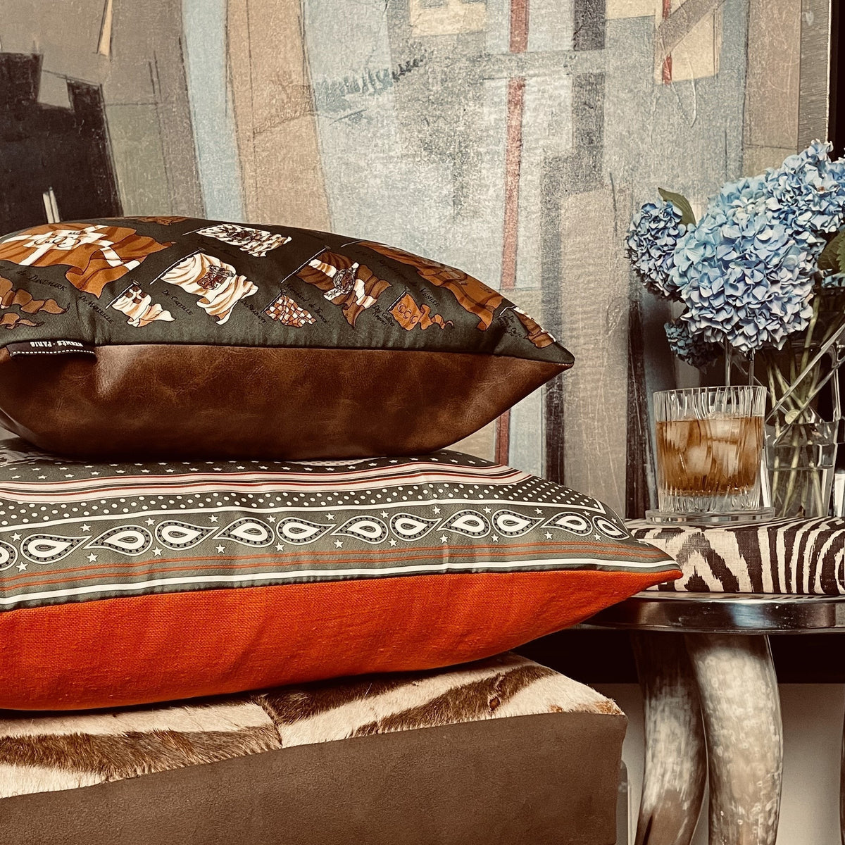 Couvertures et Tenues du Jour Green Vintage Silk Scarf Lumbar Pillow 35"