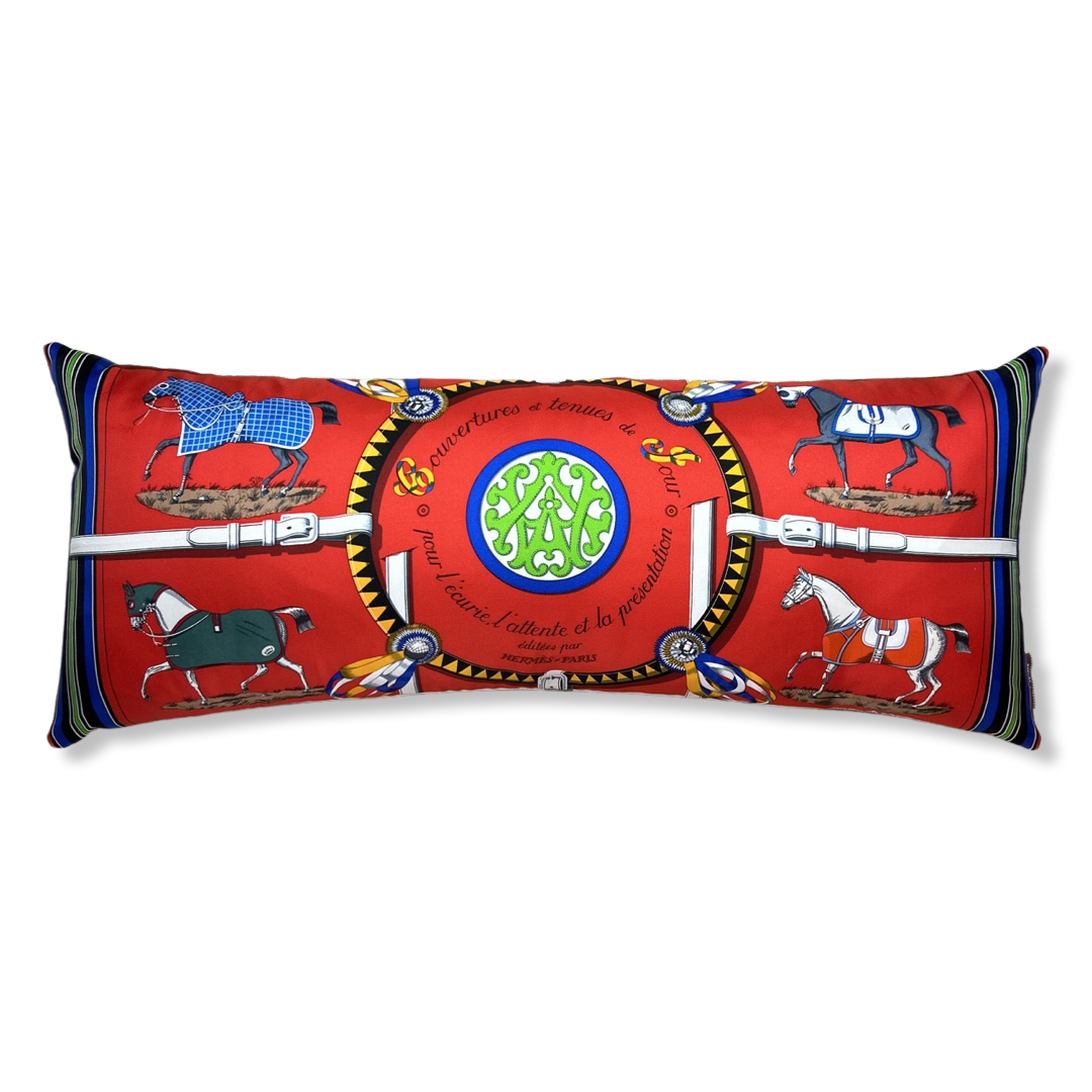 Couvertures et Tenues du Jour Red Vintage Silk Scarf Lumbar Pillow 35"