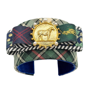 Tartan Patchwork Horse Coin Vintage Silk Necktie Cuff Bracelet