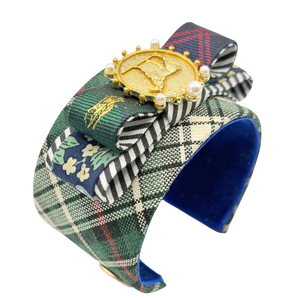 Tartan Patchwork Horse Coin Vintage Silk Necktie Cuff Bracelet