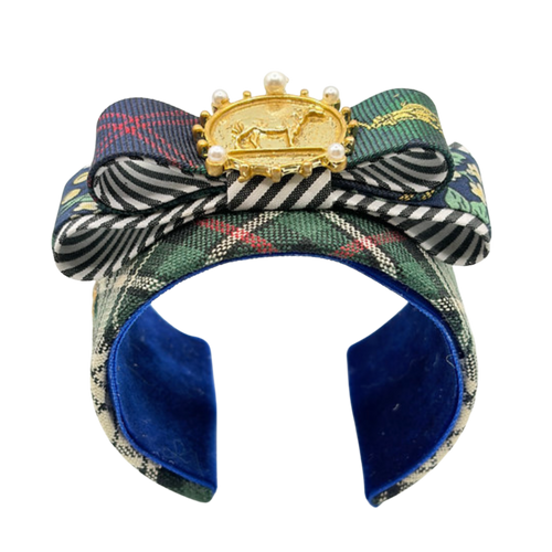 Tartan Patchwork Horse Coin Vintage Silk Necktie Cuff Bracelet