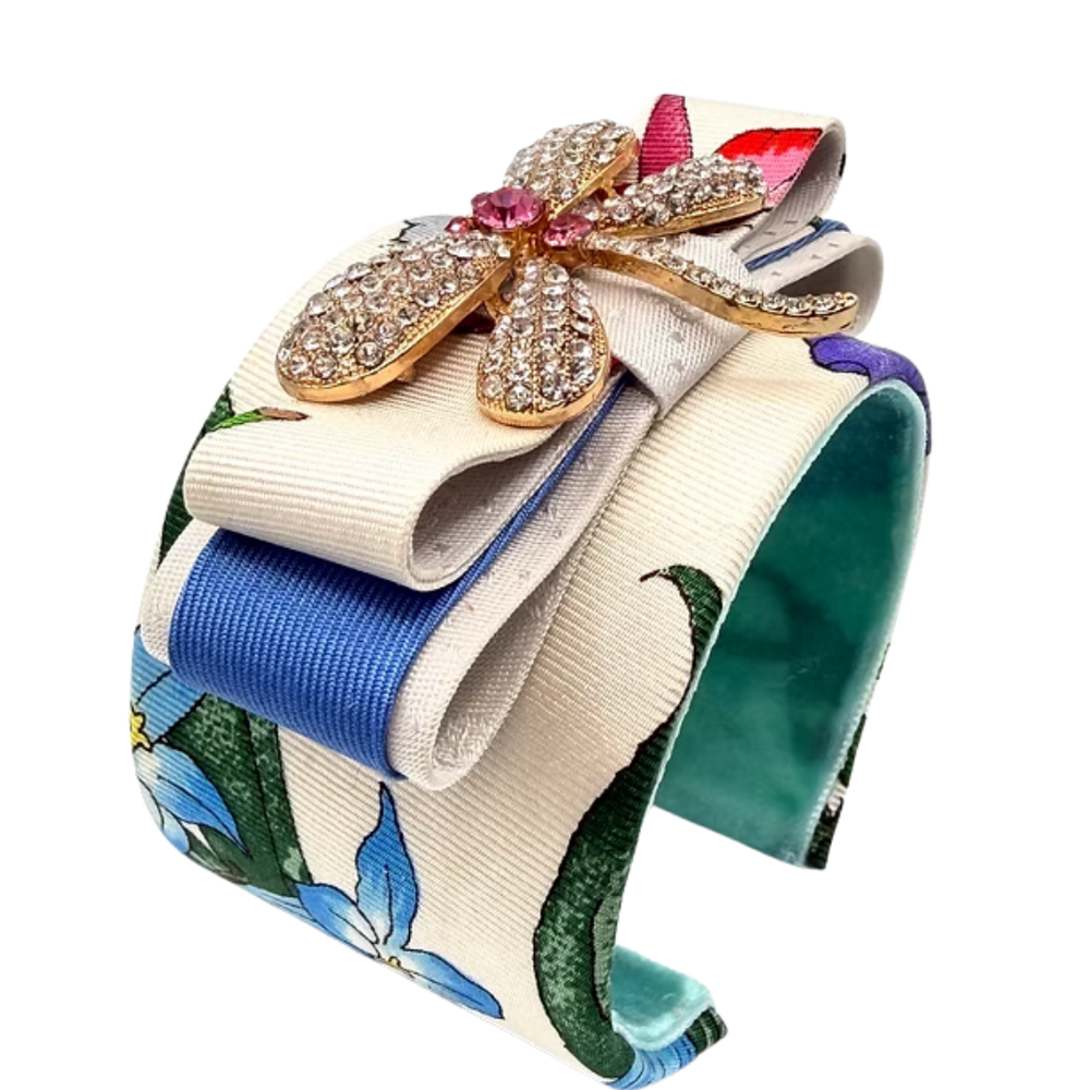 Flora Ivory Dragonfly Vintage Silk Necktie Cuff Bracelet