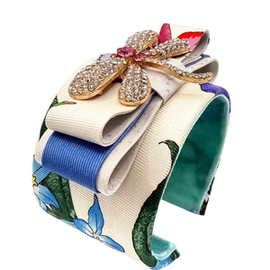 Flora Ivory Dragonfly Vintage Silk Necktie Cuff Bracelet