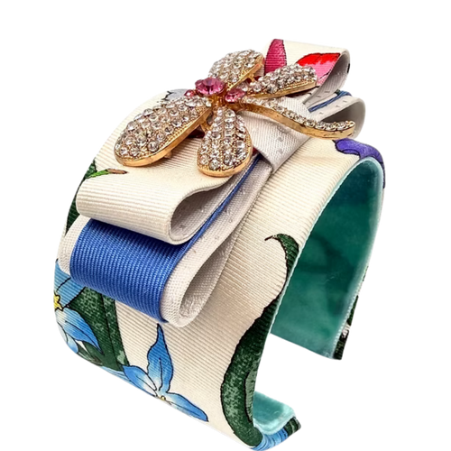 Flora Ivory Dragonfly Vintage Silk Necktie Cuff Bracelet