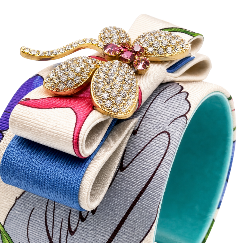 Flora Ivory Dragonfly Vintage Silk Necktie Cuff Bracelet
