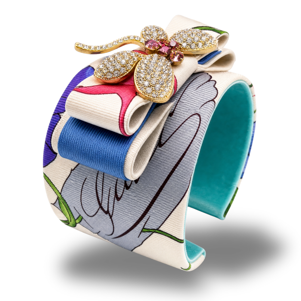 Flora Ivory Dragonfly Vintage Silk Necktie Cuff Bracelet