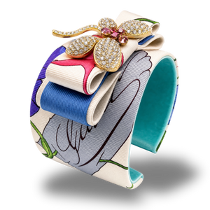 Flora Ivory Dragonfly Vintage Silk Necktie Cuff Bracelet