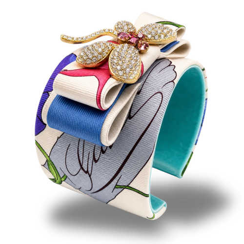 Flora Ivory Dragonfly Vintage Silk Necktie Cuff Bracelet
