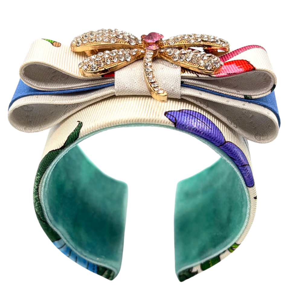 Flora Ivory Dragonfly Vintage Silk Necktie Cuff Bracelet
