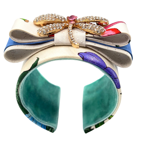 Flora Ivory Dragonfly Vintage Silk Necktie Cuff Bracelet