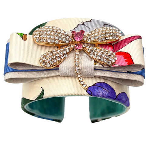 Flora Ivory Dragonfly Vintage Silk Necktie Cuff Bracelet