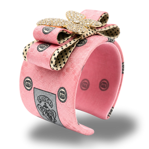 Checkerboard GG Pink Butterfly Vintage Silk Necktie Cuff Bracelet