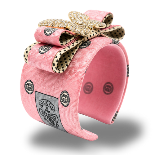 Checkerboard GG Pink Butterfly Vintage Silk Necktie Cuff Bracelet
