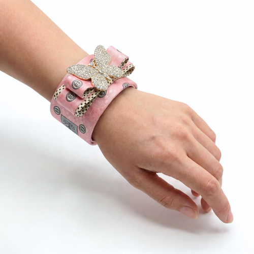 Checkerboard GG Pink Butterfly Vintage Silk Necktie Cuff Bracelet