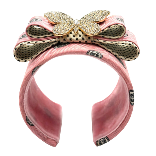 Checkerboard GG Pink Butterfly Vintage Silk Necktie Cuff Bracelet