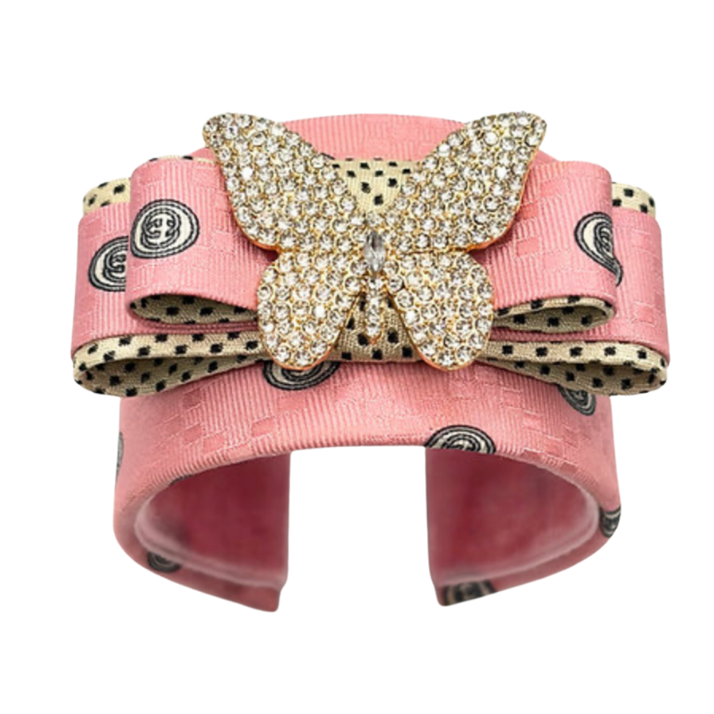 Checkerboard GG Pink Butterfly Vintage Silk Necktie Cuff Bracelet