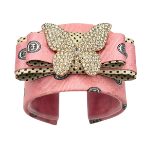 Checkerboard GG Pink Butterfly Vintage Silk Necktie Cuff Bracelet