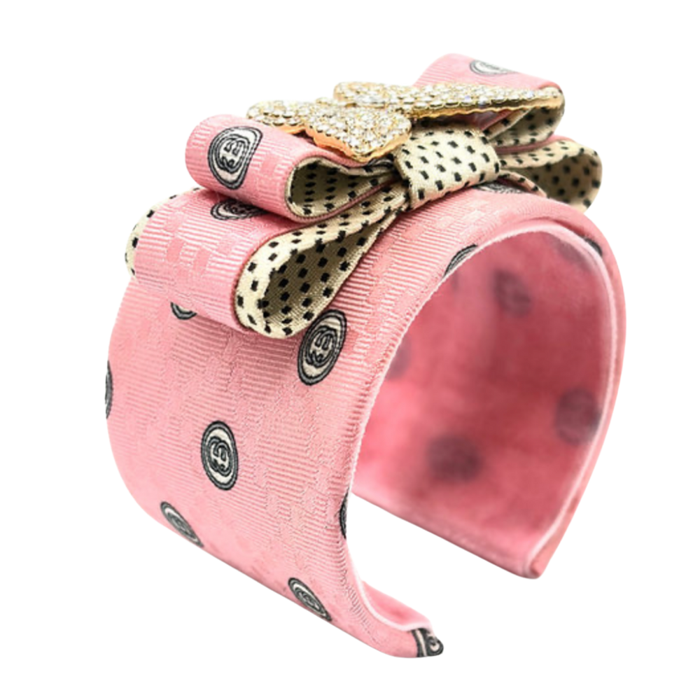 Checkerboard GG Pink Butterfly Vintage Silk Necktie Cuff Bracelet