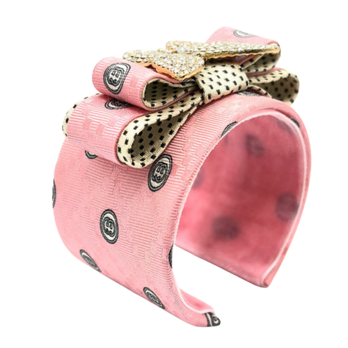 Checkerboard GG Pink Butterfly Vintage Silk Necktie Cuff Bracelet