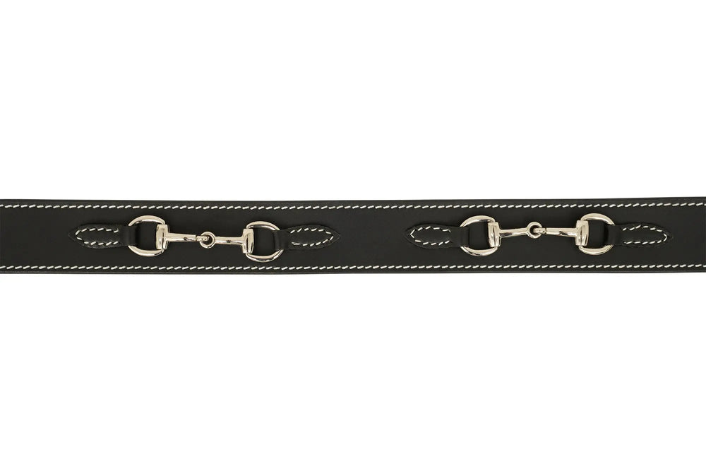 Huntley Equestrian Ladies Stirrup Buckle, Snaffle Bit, 1.5" Inch Width Leather Belt, Black
