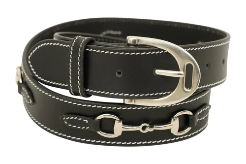 Huntley Equestrian Ladies Stirrup Buckle, Snaffle Bit, 1.5" Inch Width Leather Belt, Black