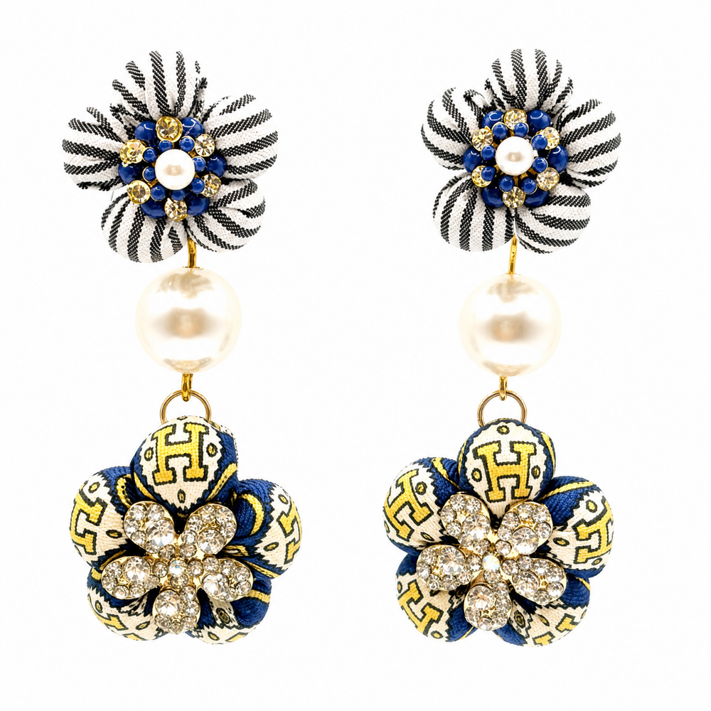 H Print Vintage Silk Necktie Chandelier Earrings