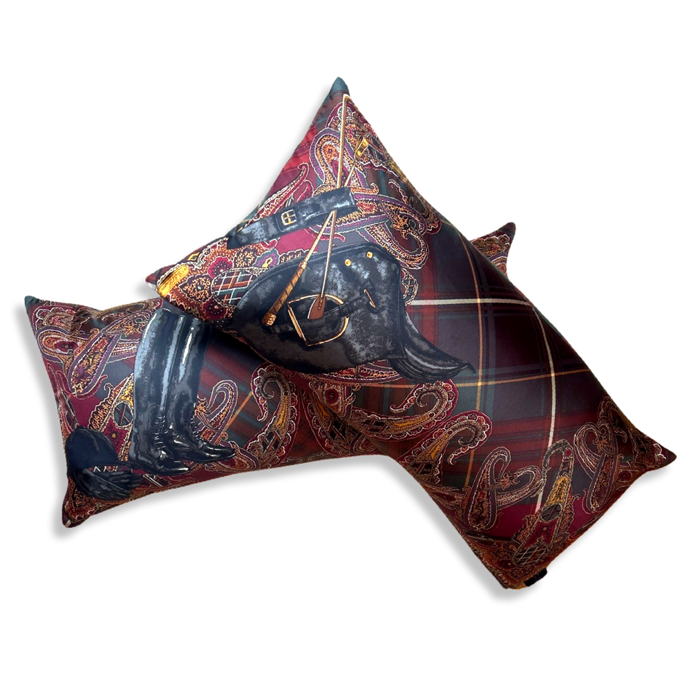 Equestrian Paisley & Tartan Vintage Silk Scarf Pillows