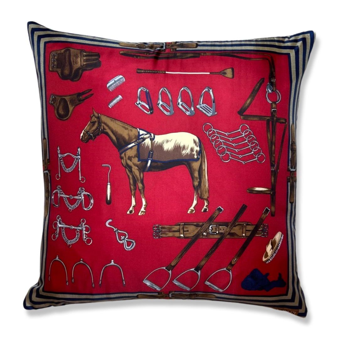 Equestrian Red Vintage Silk Scarf Pillows 22"