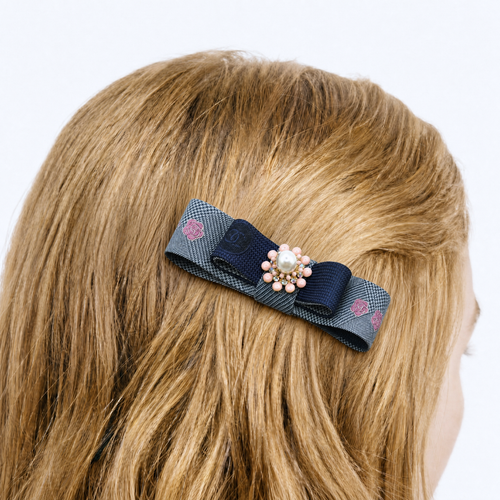 CC Camellia Check Vintage Silk Necktie Hair Clip