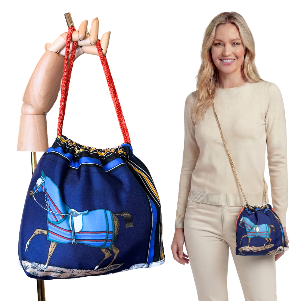 Couvertures et Tenues du Jour Blue Vintage Silk Scarf Drawstring Crossbody Bag
