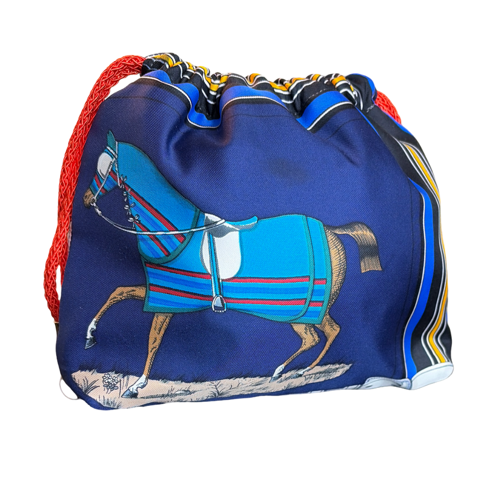 Couvertures et Tenues du Jour Blue Vintage Silk Scarf Drawstring Crossbody Bag