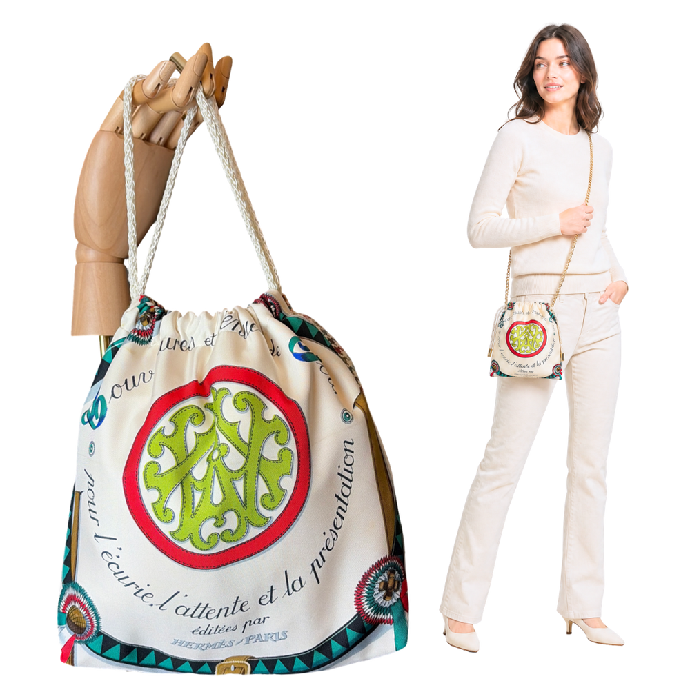 Couvertures et Tenues du Jour Ivory Vintage Silk Scarf Drawstring Crossbody Bag