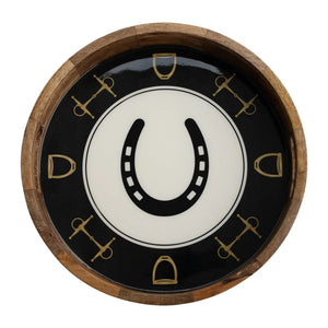 Huntley Equestrian Horsehoe and Bit Round Wooden Tray-Black and Gold Equestrian Home Decor