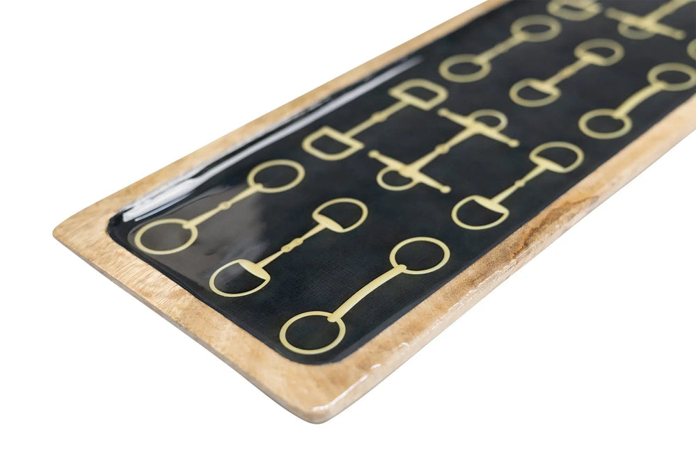 Huntley Equestrian Snaffle Big Long Wooden Serving Tray-Black and Gold Equestrian Home Decor