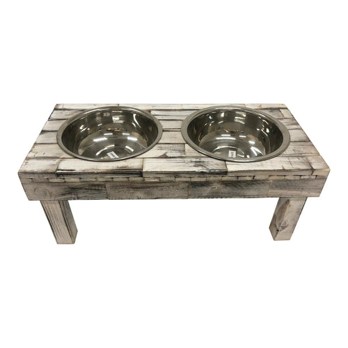 Huntley Pet Berjen Table Elevated Double Bowl Pet Feeder, White Wash