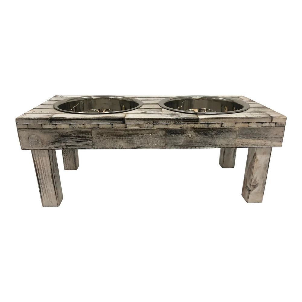 Huntley Pet Berjen Table Elevated Double Bowl Pet Feeder, White Wash