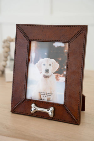 Huntley Pet Leather Picture Frame with Silver Bone Accent