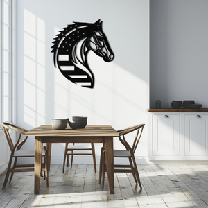 American Flag Horse Head Metal Wall Art – Patriotic Black Steel Equine Decor for Home, Barn and Ranch Interiors- KAF445