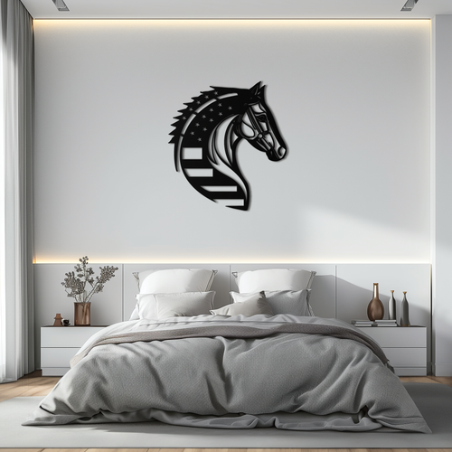 American Flag Horse Head Metal Wall Art – Patriotic Black Steel Equine Decor for Home, Barn and Ranch Interiors- KAF445