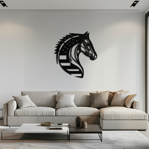 American Flag Horse Head Metal Wall Art – Patriotic Black Steel Equine Decor for Home, Barn and Ranch Interiors- KAF445