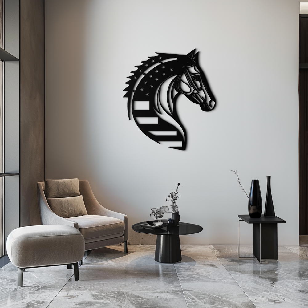 American Flag Horse Head Metal Wall Art – Patriotic Black Steel Equine Decor for Home, Barn and Ranch Interiors- KAF445