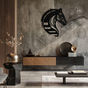 American Flag Horse Head Metal Wall Art – Patriotic Black Steel Equine Decor for Home, Barn and Ranch Interiors- KAF445