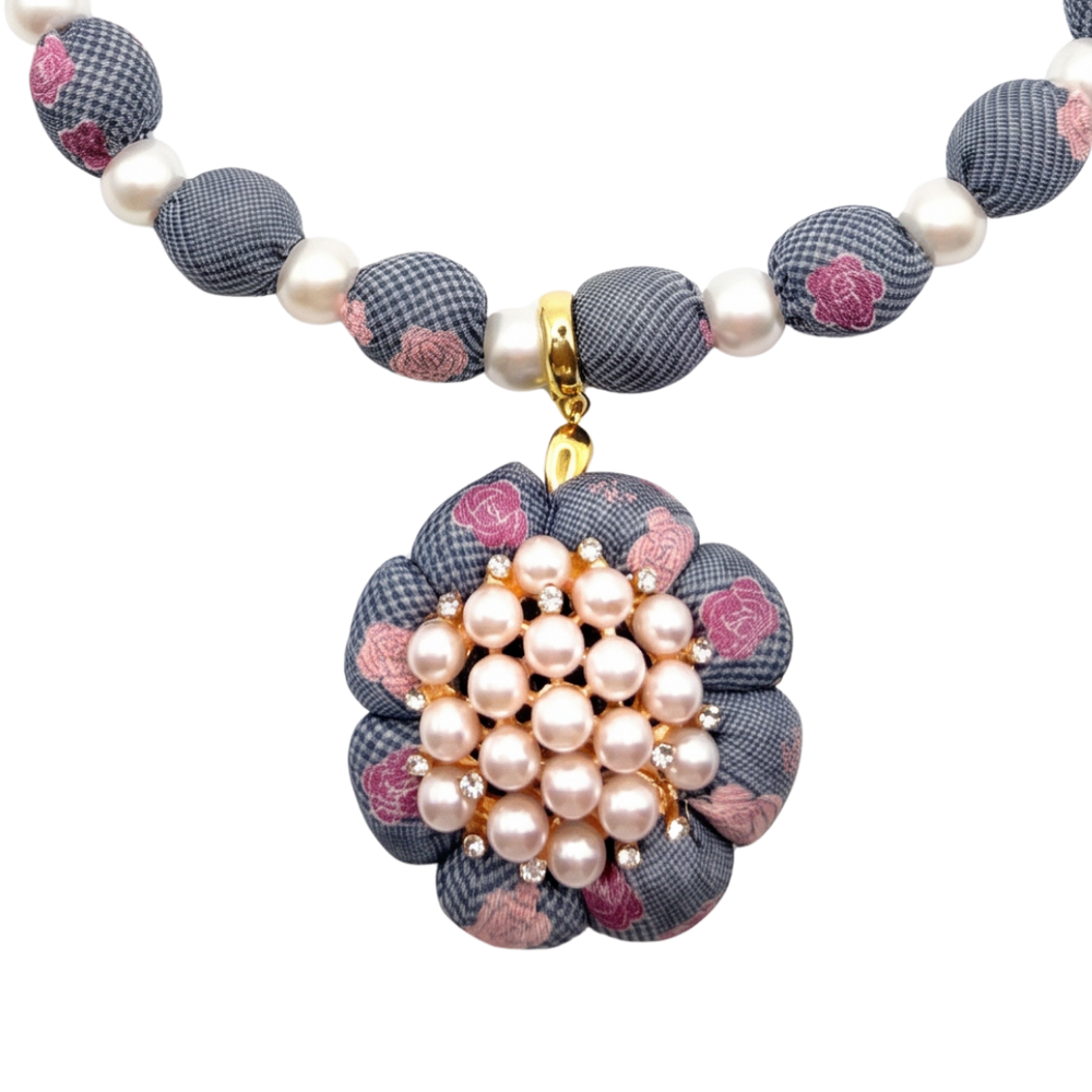 CC Camellia Check Flower Vintage Silk Necktie Necklace